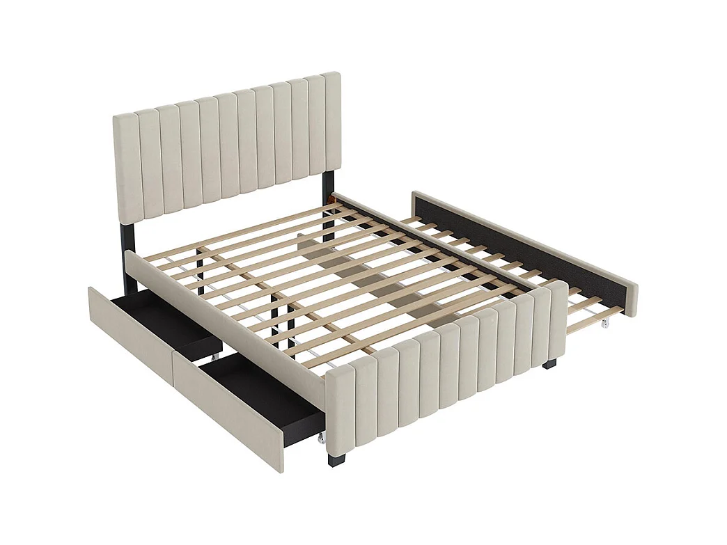 Lit gigogne rembourré 140x190 cm avec deux tiroirs velours doux pour enfant adolescent appoint beige sans matelas