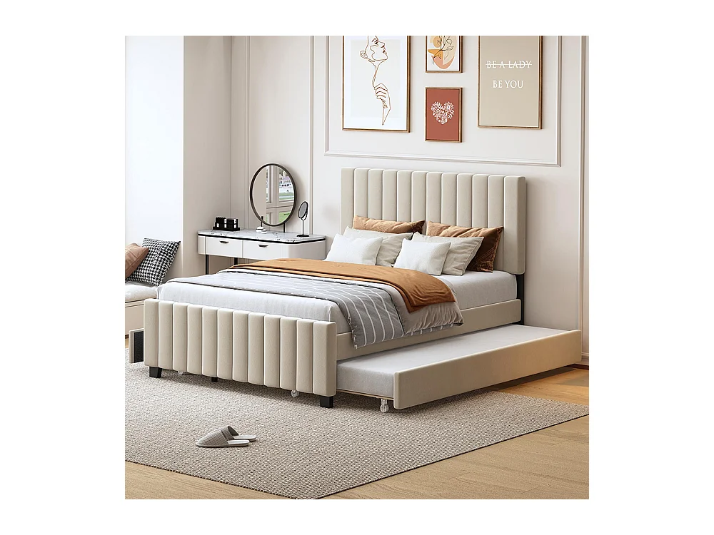 Lit gigogne rembourré 140x190 cm avec deux tiroirs velours doux pour enfant adolescent appoint beige sans matelas