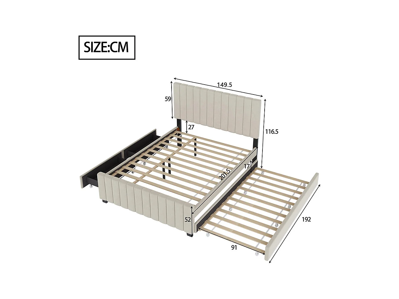 Lit gigogne rembourré 140x190 cm avec deux tiroirs velours doux pour enfant adolescent appoint beige sans matelas