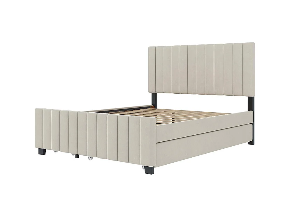 Lit gigogne rembourré 140x190 cm avec deux tiroirs velours doux pour enfant adolescent appoint beige sans matelas
