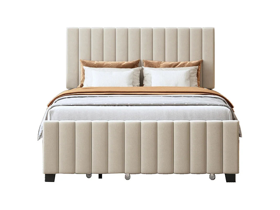 Lit gigogne rembourré 140x190 cm avec deux tiroirs velours doux pour enfant adolescent appoint beige sans matelas