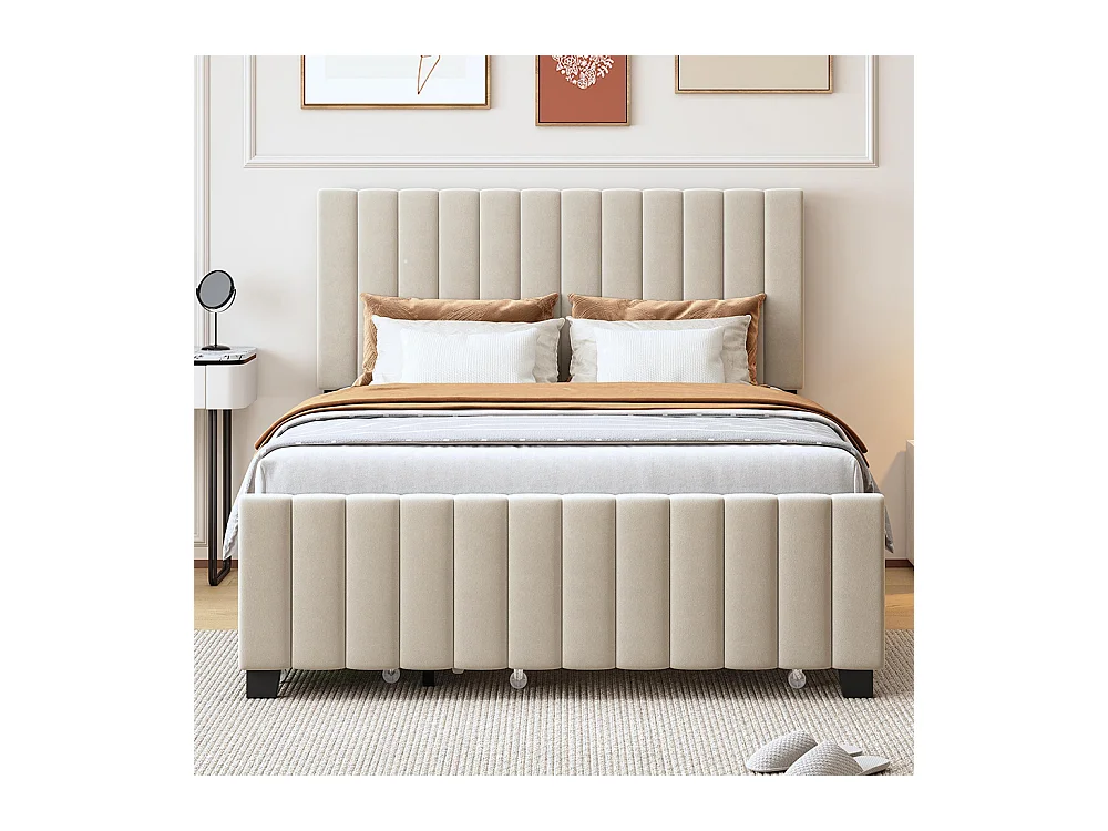 Lit gigogne rembourré 140x190 cm avec deux tiroirs velours doux pour enfant adolescent appoint beige sans matelas