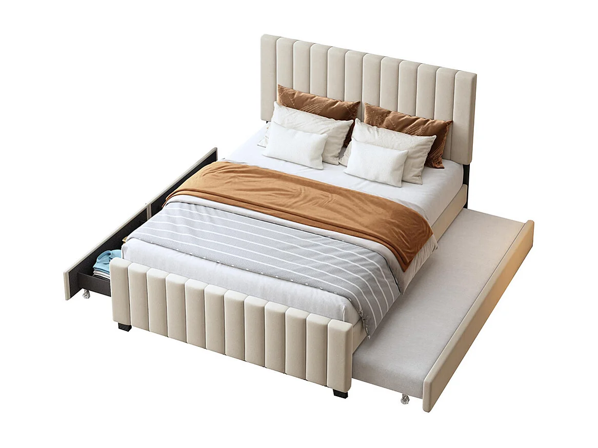 Lit gigogne rembourré 140x190 cm avec deux tiroirs velours doux pour enfant adolescent appoint beige sans matelas
