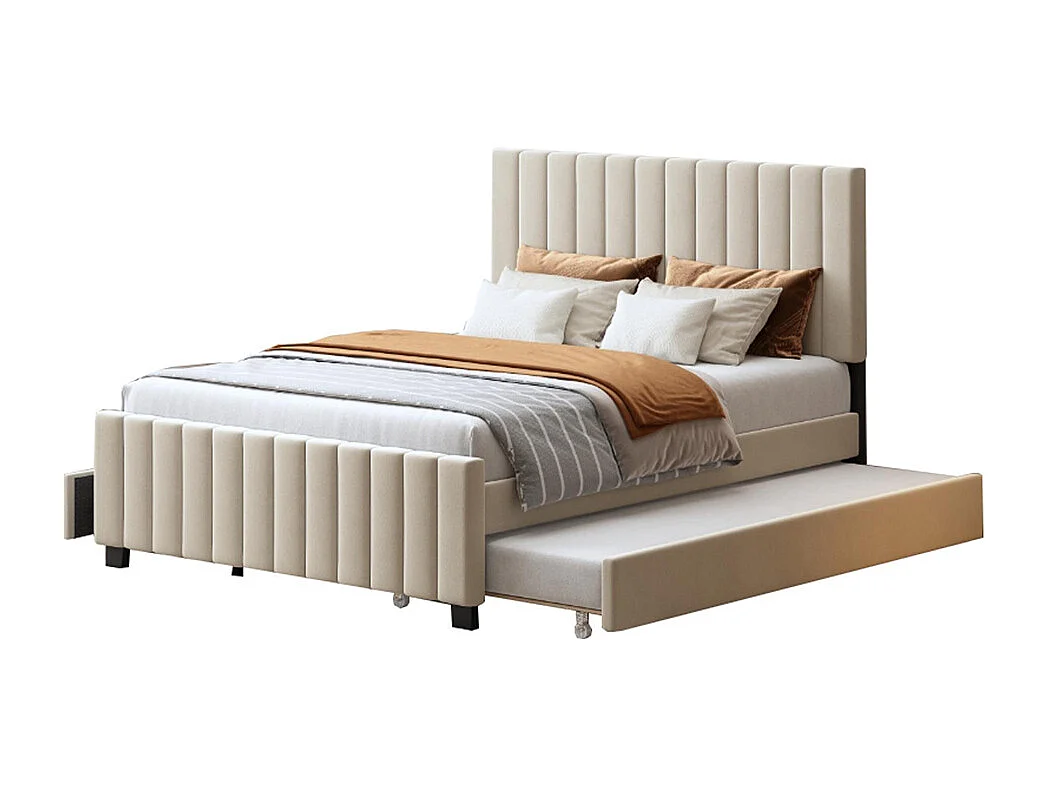 Lit gigogne rembourré 140x190 cm avec deux tiroirs velours doux pour enfant adolescent appoint beige sans matelas