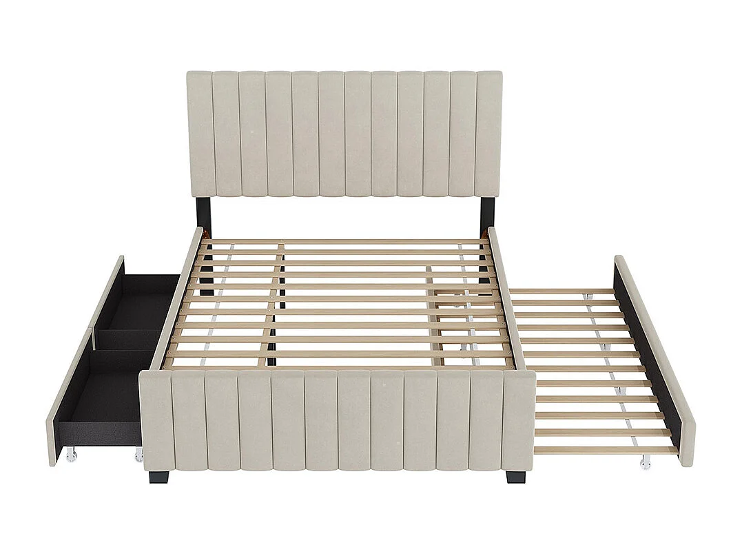 Lit gigogne rembourré 140x190 cm avec deux tiroirs velours doux pour enfant adolescent appoint beige sans matelas
