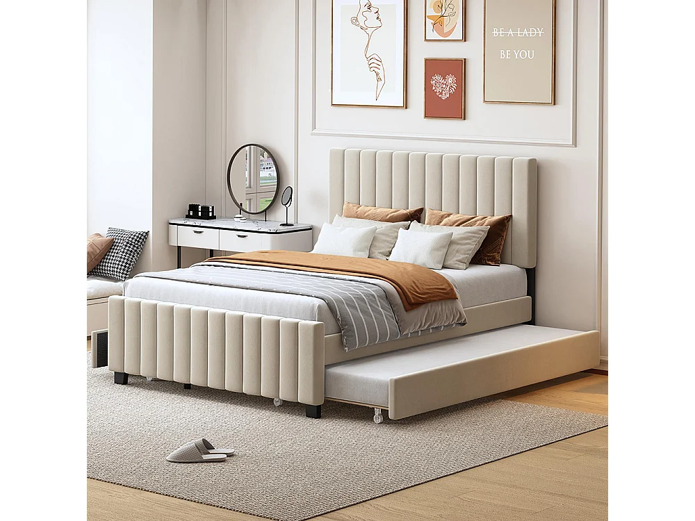 Lit gigogne rembourré 140x190 cm avec deux tiroirs velours doux pour enfant adolescent appoint beige sans matelas