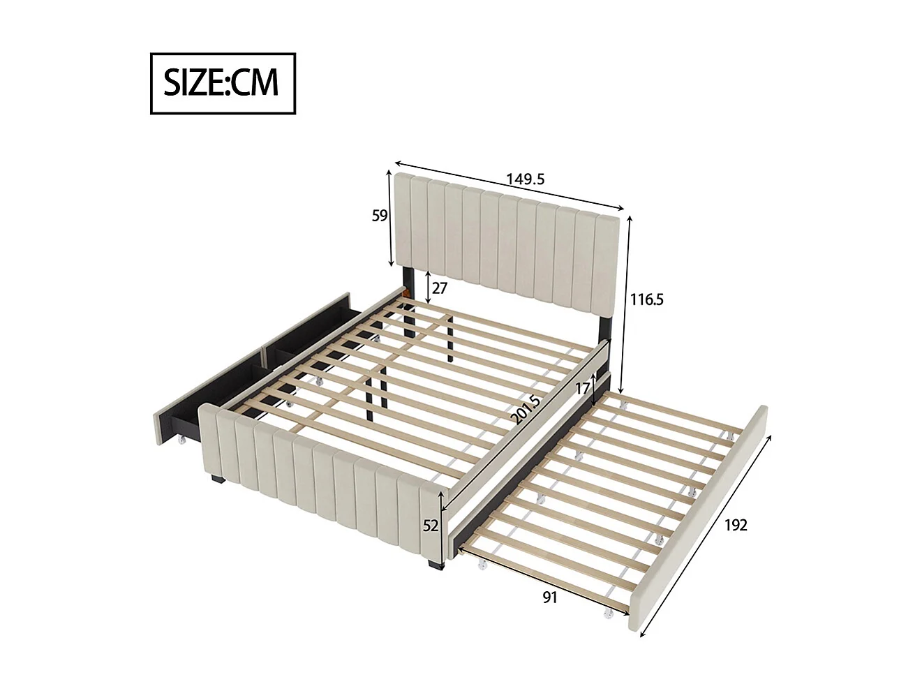 Lit gigogne rembourré 140x190 cm avec deux tiroirs velours doux pour enfant adolescent appoint beige sans matelas