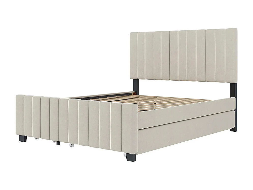 Lit gigogne rembourré 140x190 cm avec deux tiroirs velours doux pour enfant adolescent appoint beige sans matelas