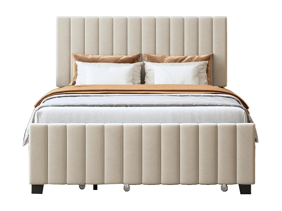 Lit gigogne rembourré 140x190 cm avec deux tiroirs velours doux pour enfant adolescent appoint beige sans matelas