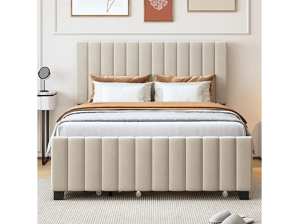 Lit gigogne rembourré 140x190 cm avec deux tiroirs velours doux pour enfant adolescent appoint beige sans matelas