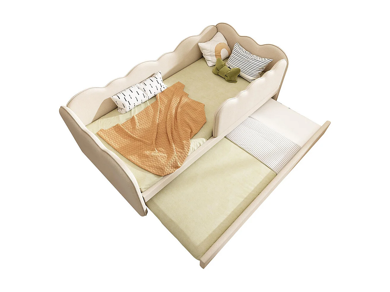 Lit gigogne rembourré 90x190cm canapé lit enfant sommier lattes lin beige sans matelas