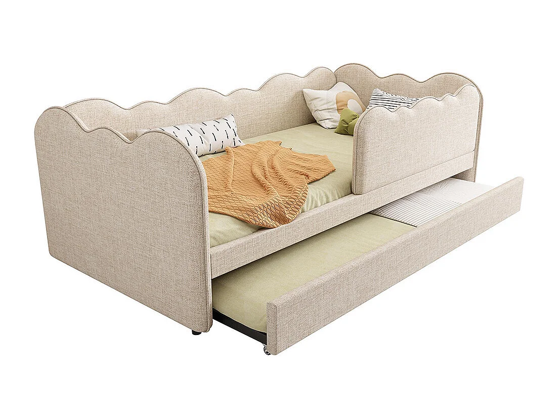 Lit gigogne rembourré 90x190cm canapé lit enfant sommier lattes lin beige sans matelas