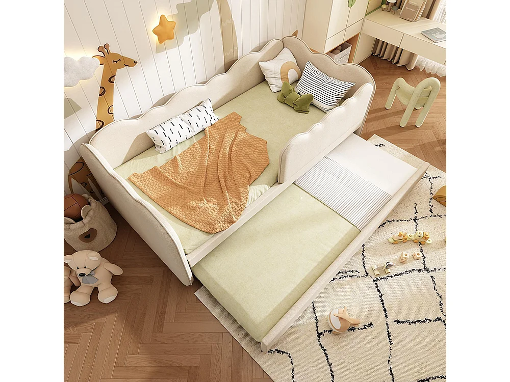 Lit gigogne rembourré 90x190cm canapé lit enfant sommier lattes lin beige sans matelas