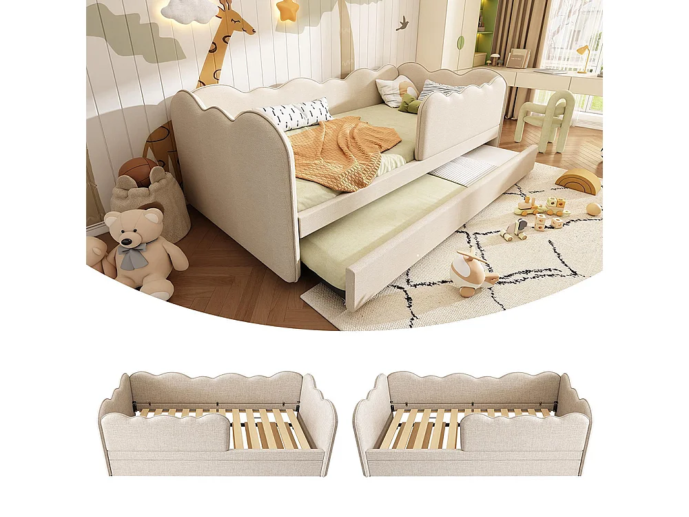 Lit gigogne rembourré 90x190cm canapé lit enfant sommier lattes lin beige sans matelas