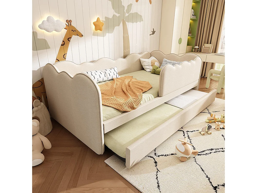Lit gigogne rembourré 90x190cm canapé lit enfant sommier lattes lin beige sans matelas