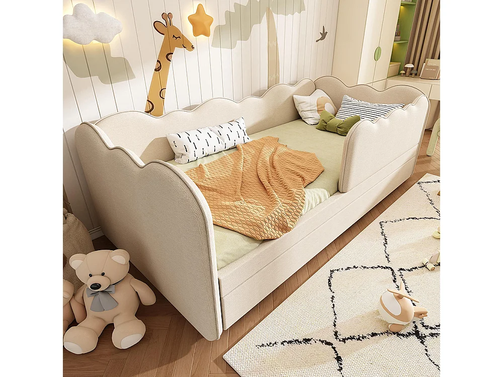 Lit gigogne rembourré 90x190cm canapé lit enfant sommier lattes lin beige sans matelas