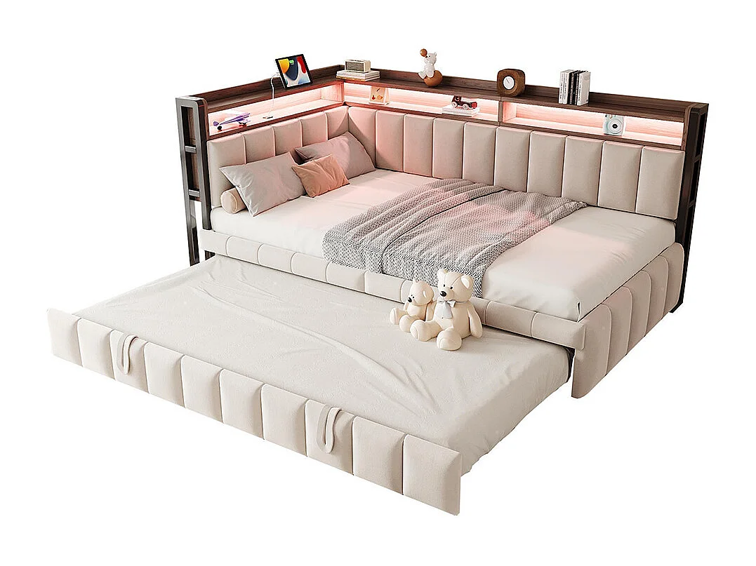 Lit gigogne rembourré 90x200 cm avec éclairage LED rangement tête pied ports USB Type C canapé-lit velours beige