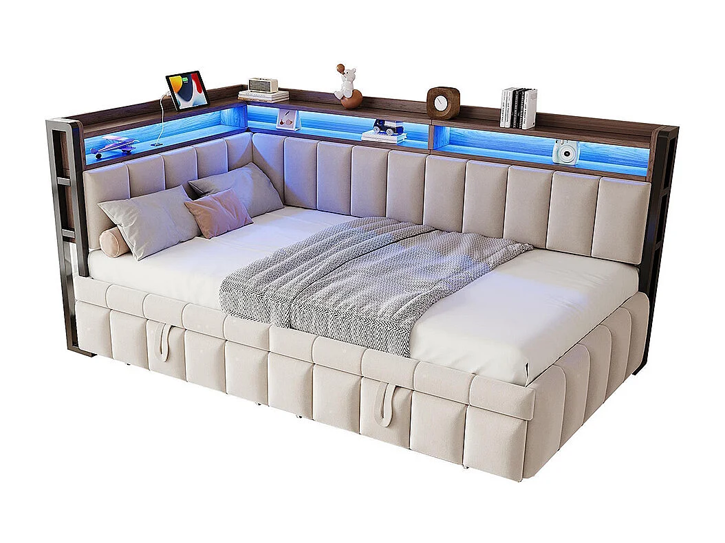 Lit gigogne rembourré 90x200 cm avec éclairage LED rangement tête pied ports USB Type C canapé-lit velours beige