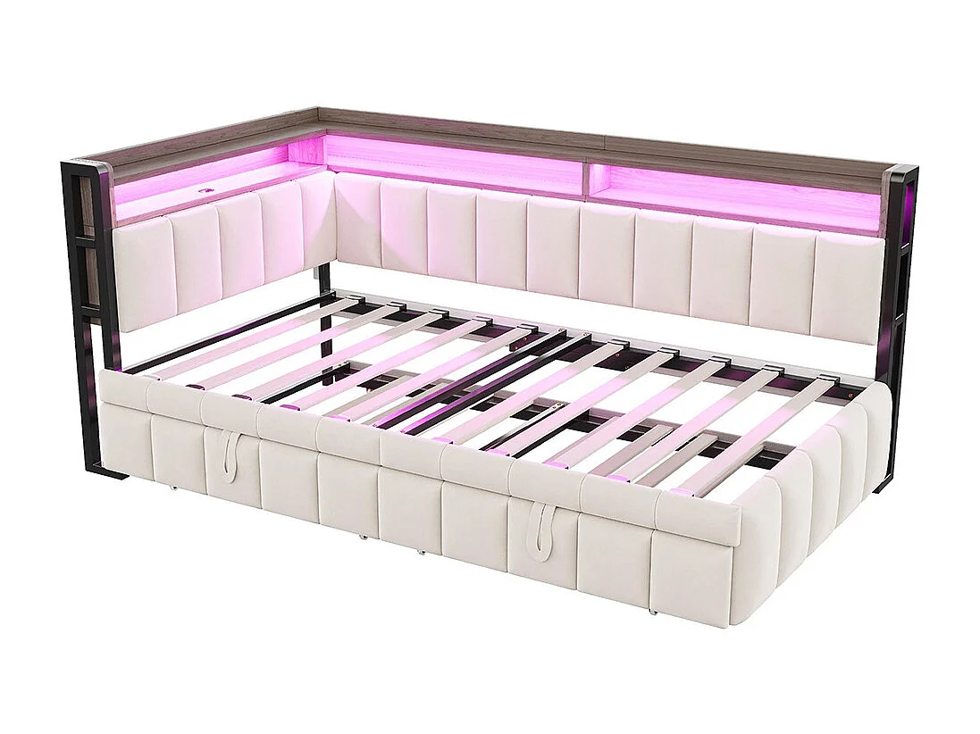 Lit gigogne rembourré 90x200 cm avec éclairage LED rangement tête pied ports USB Type C canapé-lit velours beige