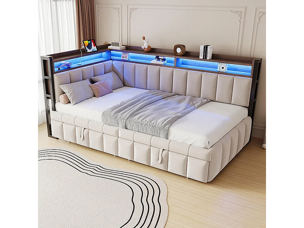Lit gigogne rembourré 90x200 cm avec éclairage LED rangement tête pied ports USB Type C canapé-lit velours beige