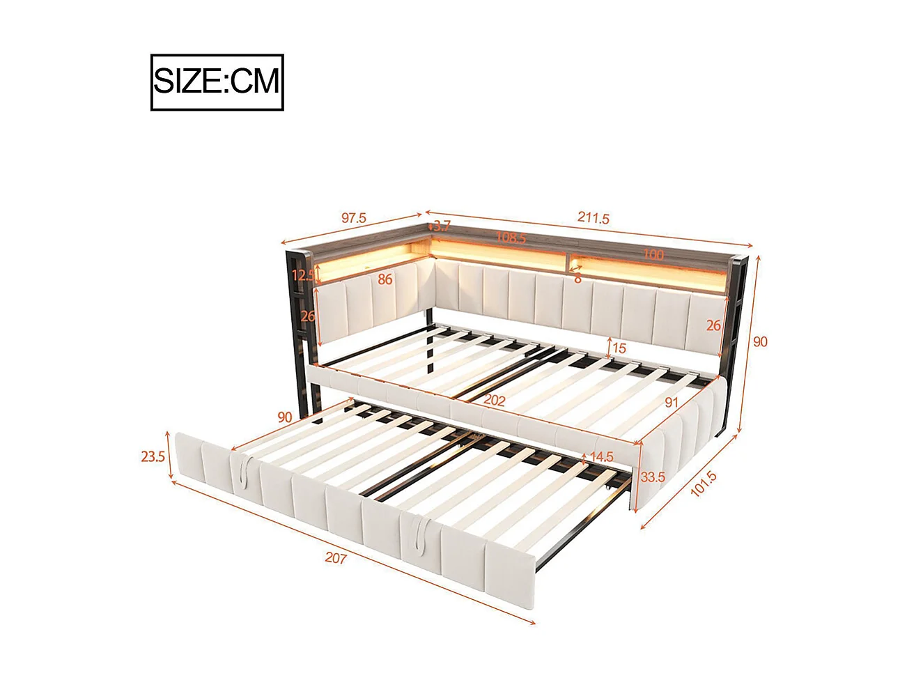 Lit gigogne rembourré 90x200 cm avec éclairage LED rangement tête pied ports USB Type C canapé-lit velours beige