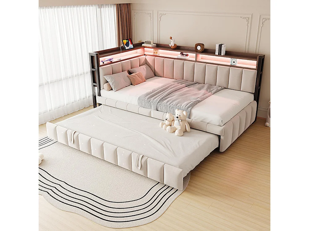 Lit gigogne rembourré 90x200 cm avec éclairage LED rangement tête pied ports USB Type C canapé-lit velours beige