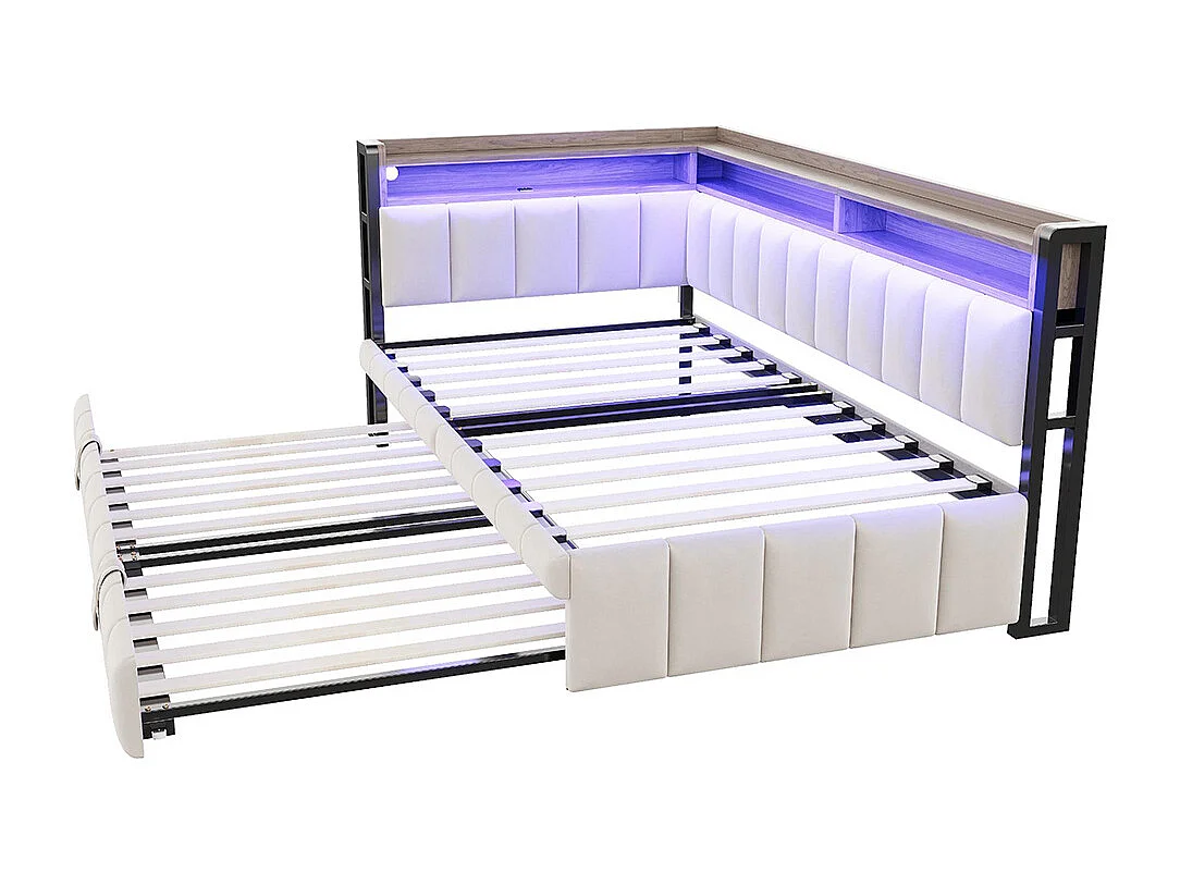 Lit gigogne rembourré 90x200 cm avec éclairage LED rangement tête pied ports USB Type C canapé-lit velours beige