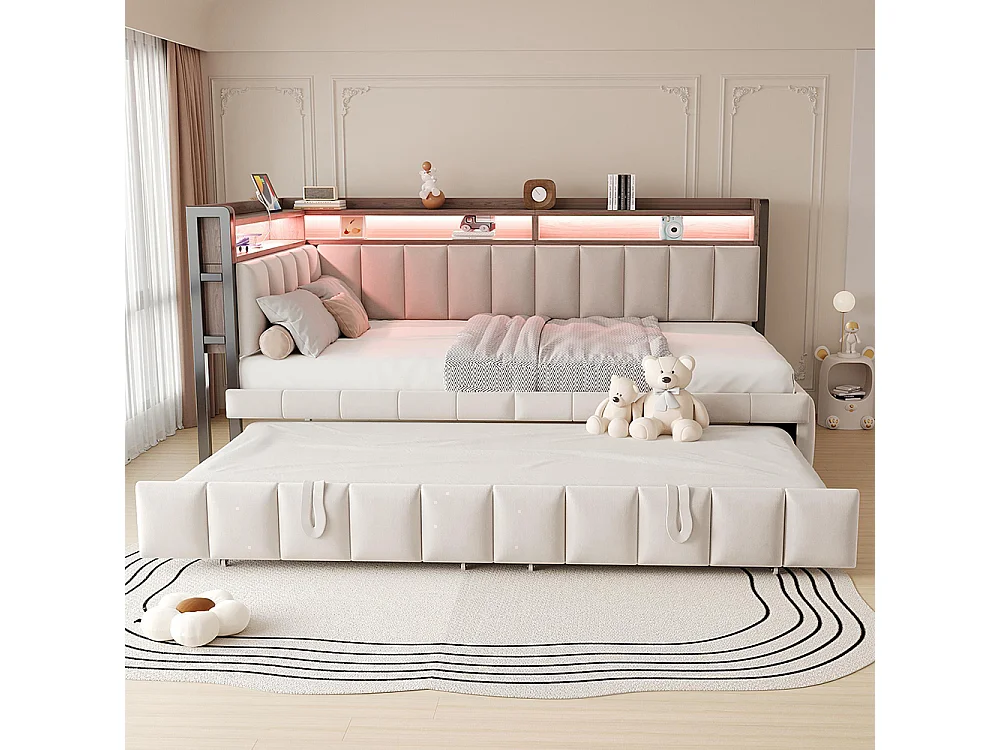 Lit gigogne rembourré 90x200 cm avec éclairage LED rangement tête pied ports USB Type C canapé-lit velours beige