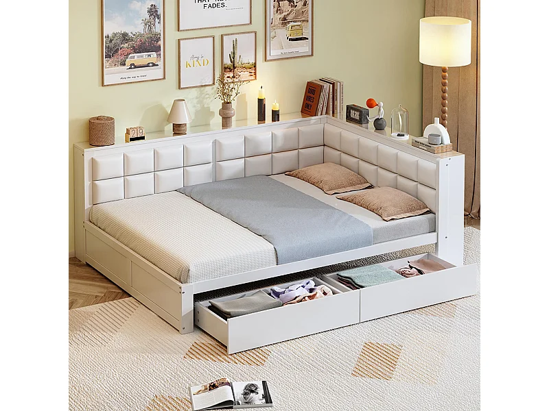 Lit avec rangement en bois de pin 140x200 multifonctionnel dossier moelleux grand tiroir pour adolescent blanc