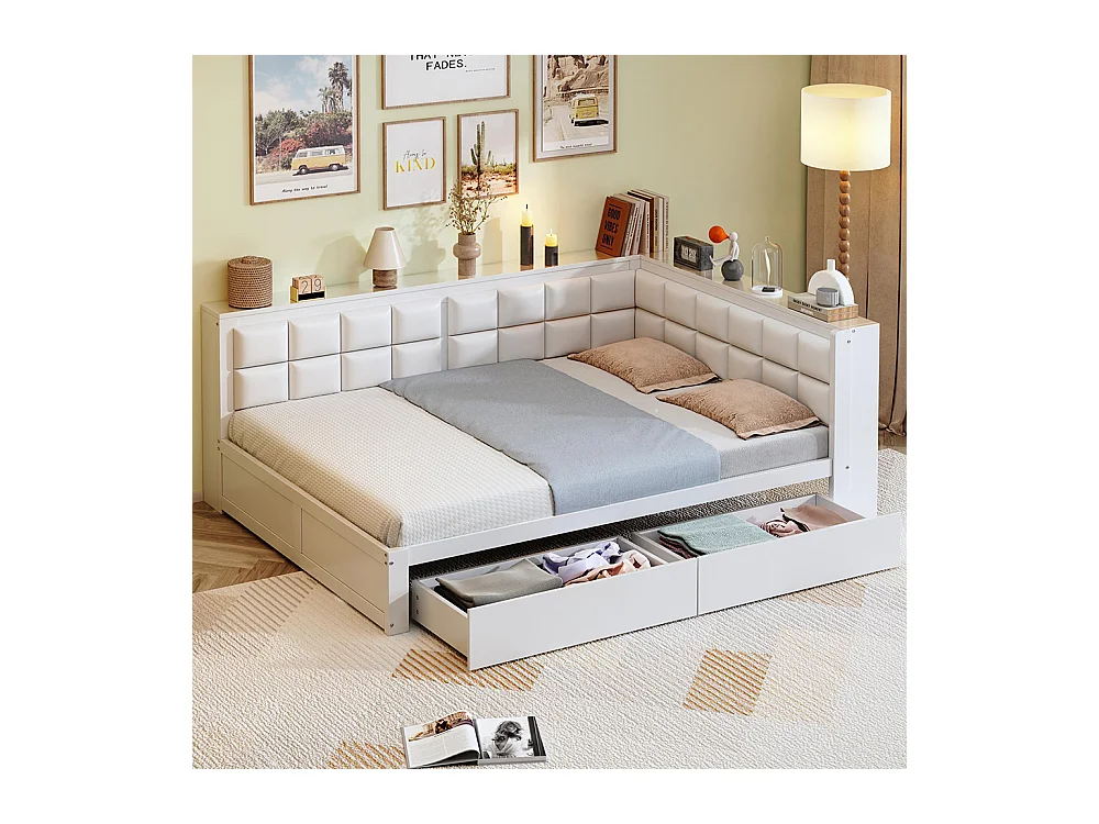 Lit avec rangement en bois de pin 140x200 multifonctionnel dossier moelleux grand tiroir pour adolescent blanc