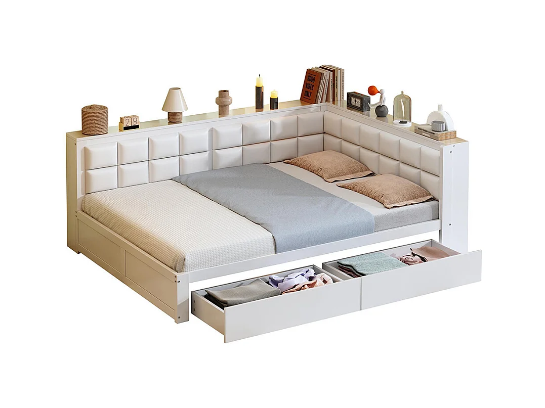 Lit avec rangement en bois de pin 140x200 multifonctionnel dossier moelleux grand tiroir pour adolescent blanc