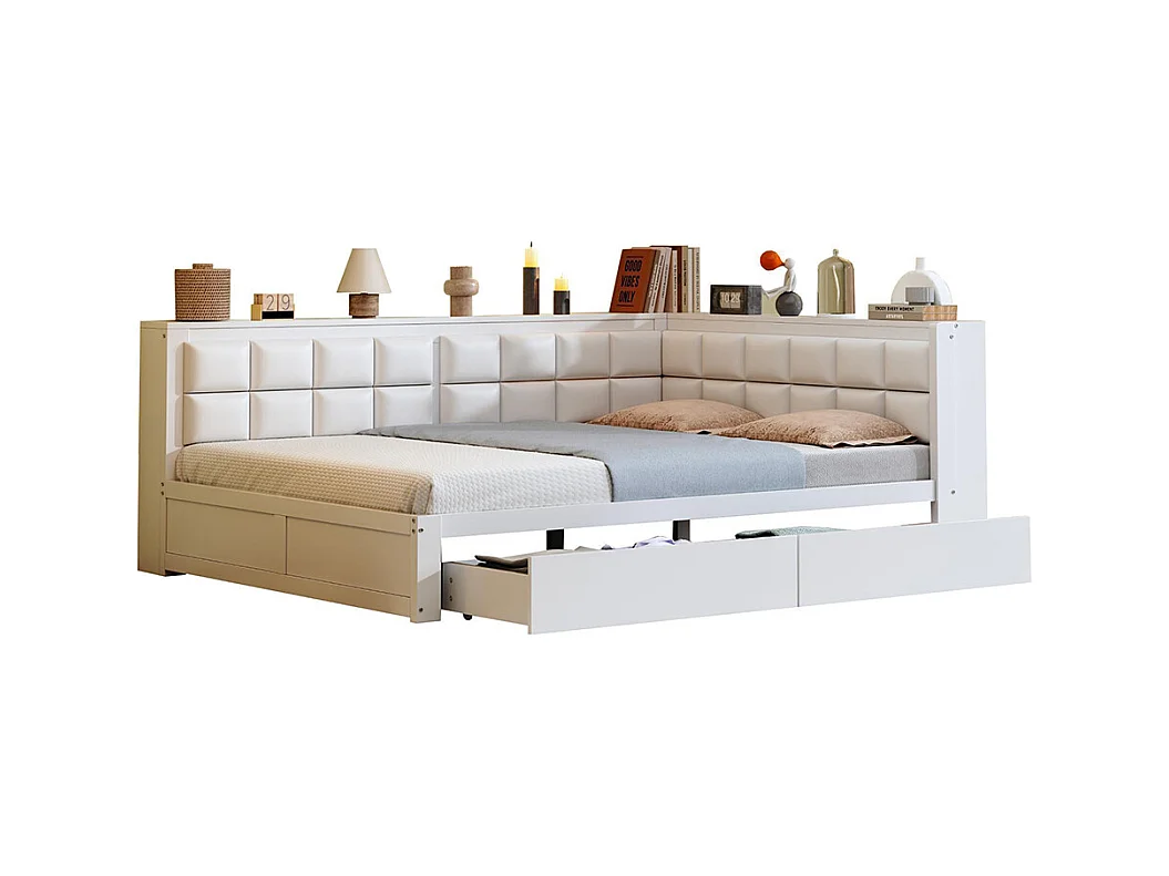 Lit avec rangement en bois de pin 140x200 multifonctionnel dossier moelleux grand tiroir pour adolescent blanc