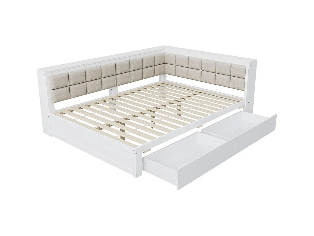 Lit avec rangement en bois de pin 140x200 multifonctionnel dossier moelleux grand tiroir pour adolescent blanc