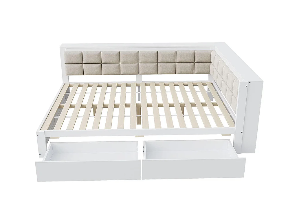 Lit avec rangement en bois de pin 140x200 multifonctionnel dossier moelleux grand tiroir pour adolescent blanc