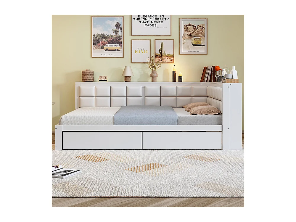 Lit avec rangement en bois de pin 140x200 multifonctionnel dossier moelleux grand tiroir pour adolescent blanc