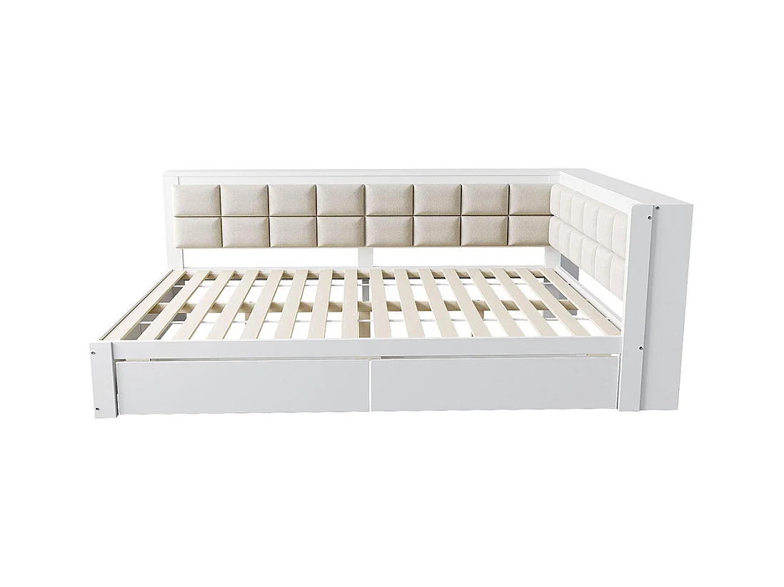 Lit avec rangement en bois de pin 140x200 multifonctionnel dossier moelleux grand tiroir pour adolescent blanc