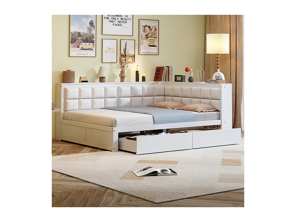 Lit avec rangement en bois de pin 140x200 multifonctionnel dossier moelleux grand tiroir pour adolescent blanc