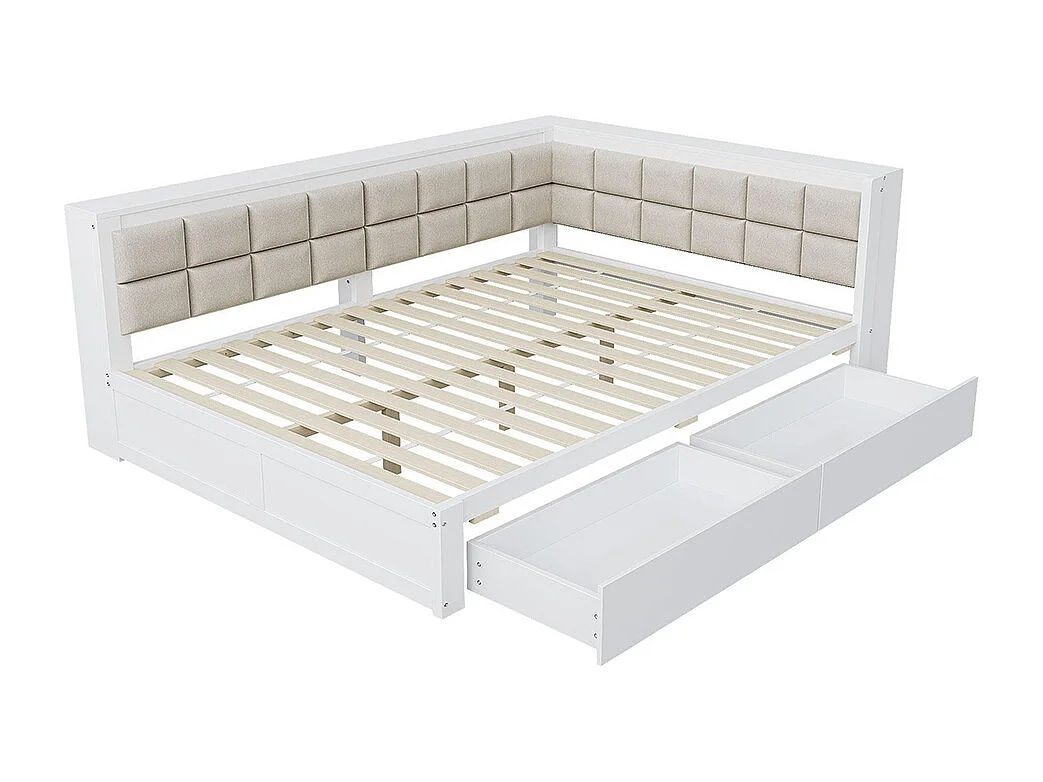 Lit avec rangement en bois de pin 140x200 multifonctionnel dossier moelleux grand tiroir pour adolescent blanc