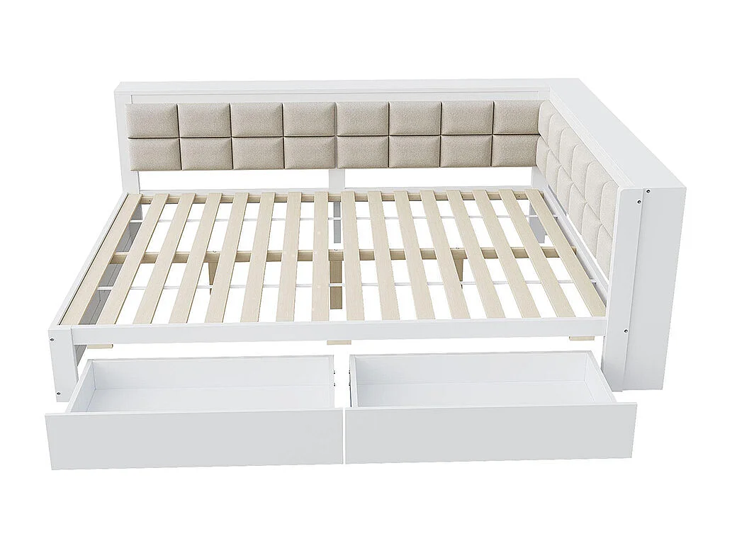 Lit avec rangement en bois de pin 140x200 multifonctionnel dossier moelleux grand tiroir pour adolescent blanc