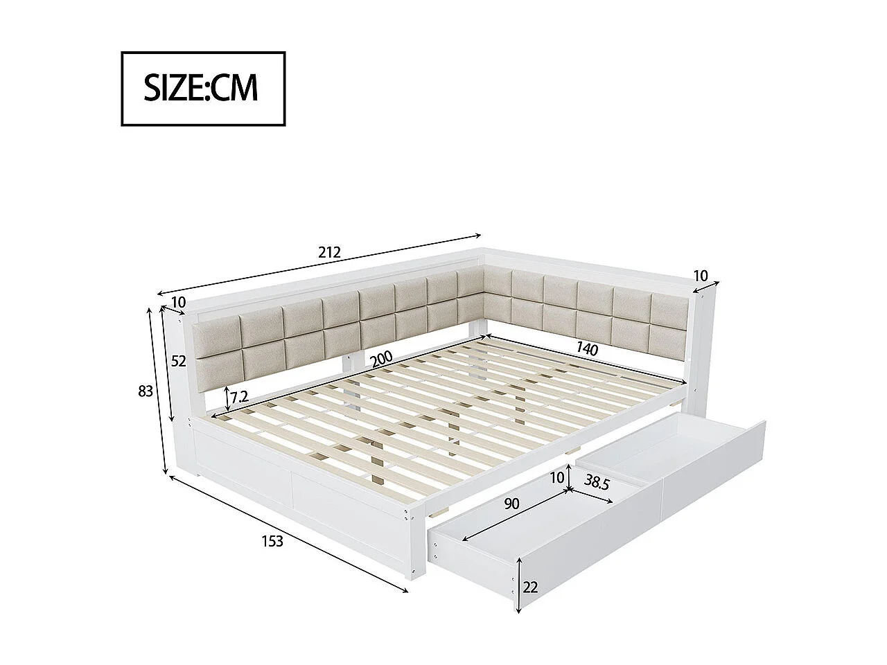 Lit avec rangement en bois de pin 140x200 multifonctionnel dossier moelleux grand tiroir pour adolescent blanc
