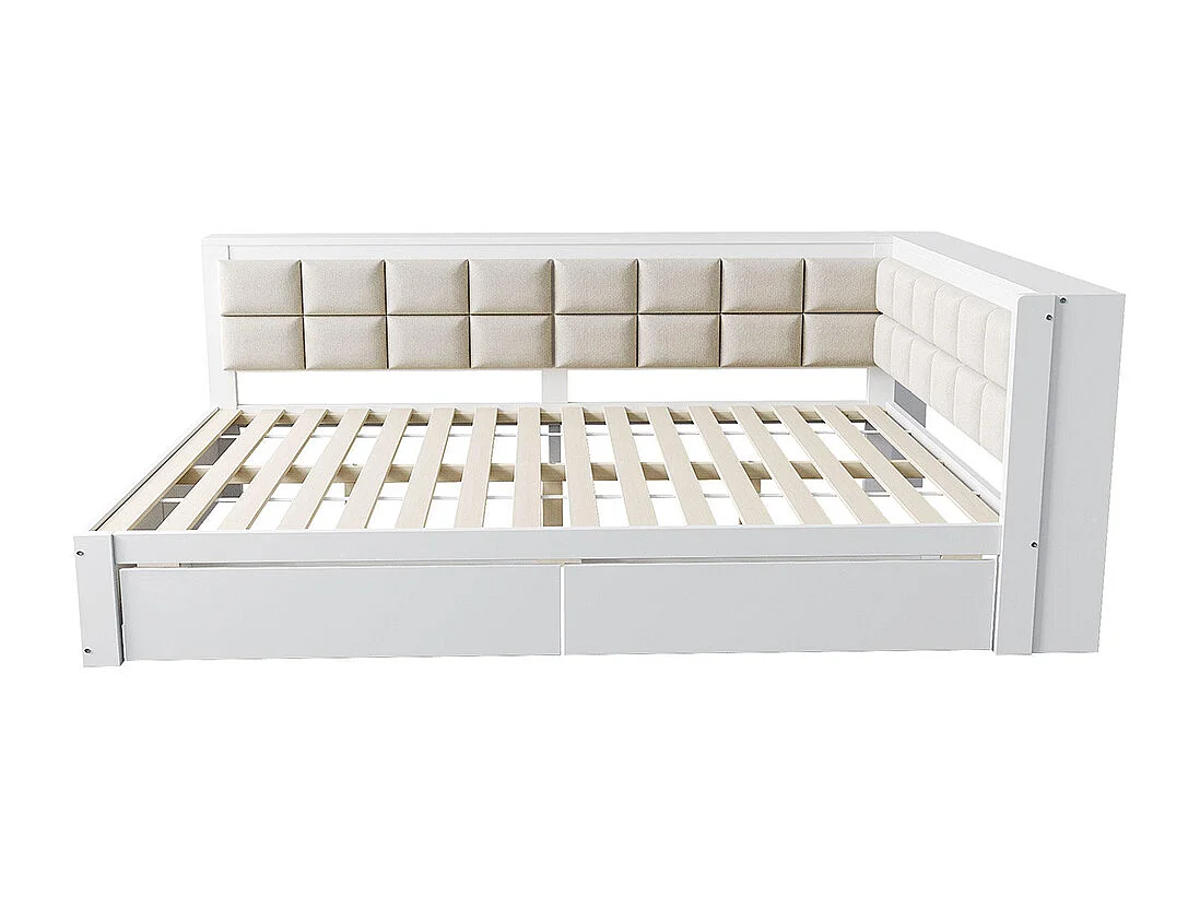 Lit avec rangement en bois de pin 140x200 multifonctionnel dossier moelleux grand tiroir pour adolescent blanc