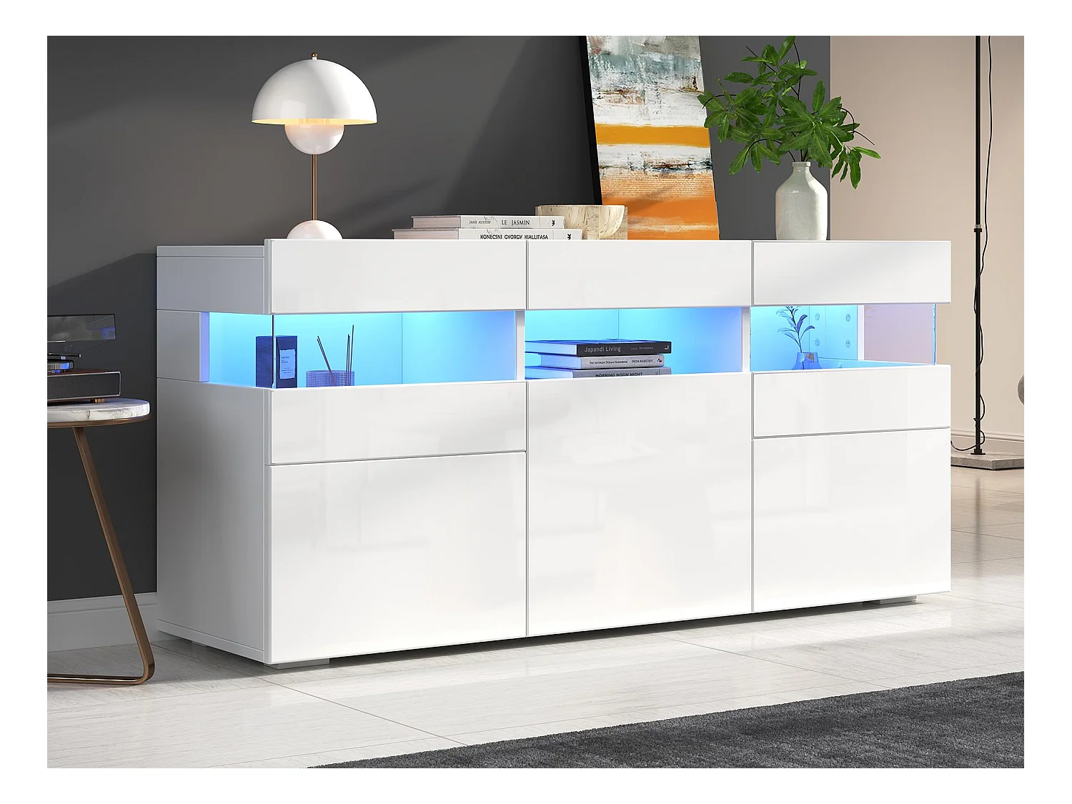 Buffet brillant 140x40.5x66.5cm - 3 portes - 7 compartiments - Avec éclairage LED - Blanc