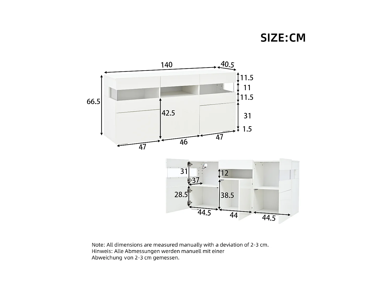 Buffet brillant 140x40.5x66.5cm - 3 portes - 7 compartiments - Avec éclairage LED - Blanc