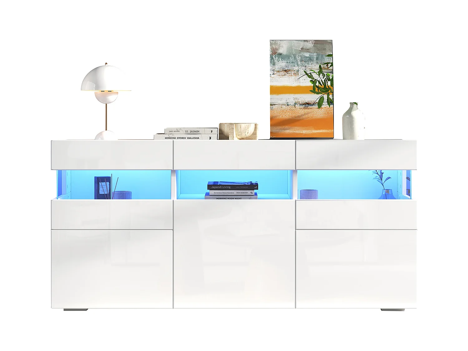Buffet brillant 140x40.5x66.5cm - 3 portes - 7 compartiments - Avec éclairage LED - Blanc