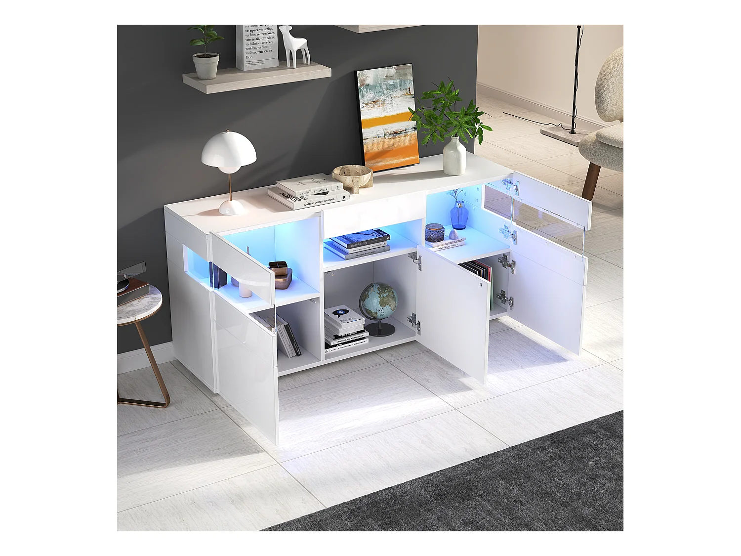 Buffet brillant 140x40.5x66.5cm - 3 portes - 7 compartiments - Avec éclairage LED - Blanc