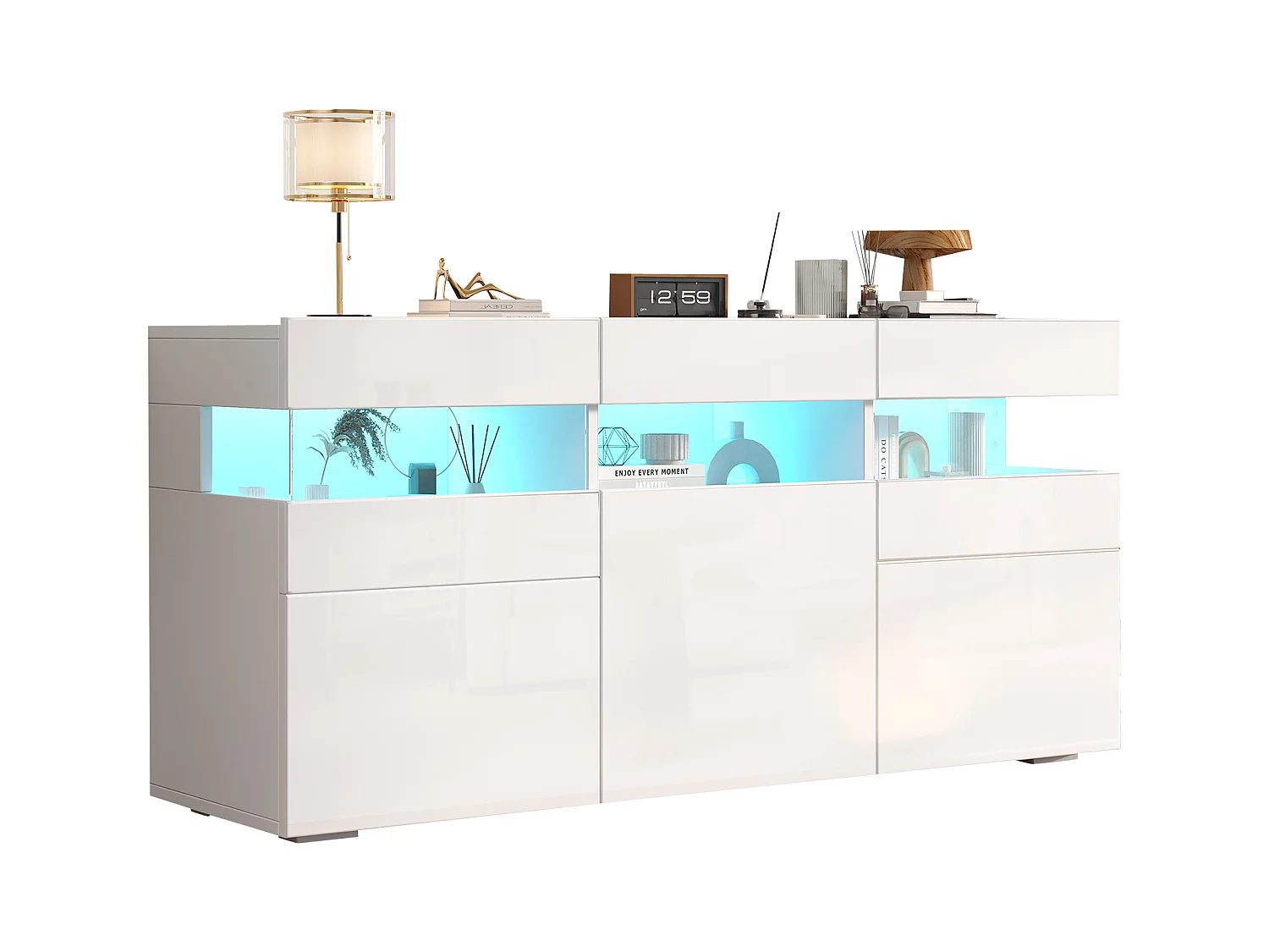Buffet brillant 140x40.5x66.5cm - 3 portes - 7 compartiments - Avec éclairage LED - Blanc