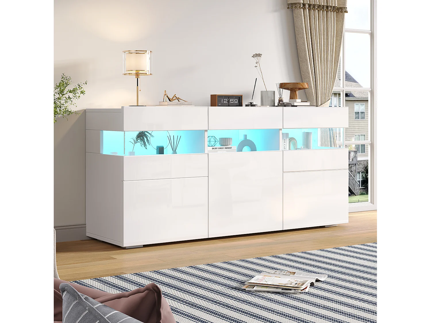 Hochglanz Sideboard 140x40.5x66.5cm - 3 Türen - 7 Fächer - Mit LED-Beleuchtung - Weiß