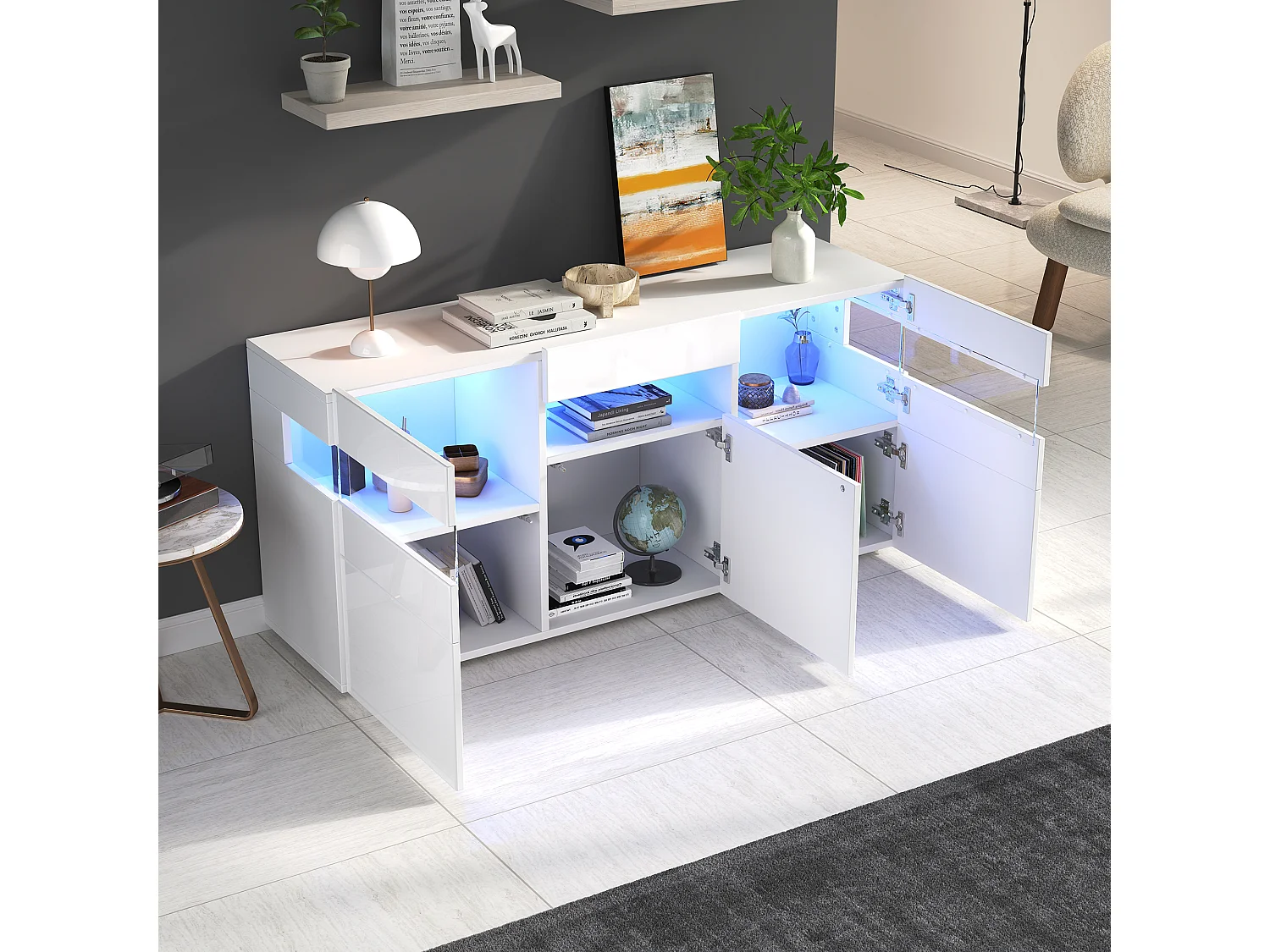 Hochglanz Sideboard 140x40.5x66.5cm - 3 Türen - 7 Fächer - Mit LED-Beleuchtung - Weiß