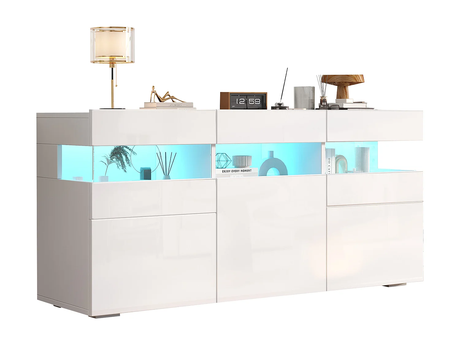 Hochglanz Sideboard 140x40.5x66.5cm - 3 Türen - 7 Fächer - Mit LED-Beleuchtung - Weiß