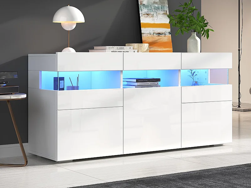 Błyszczący buffet 140x40.5x66.5cm - 3 fronty - 7 przegródek - Z oświetleniem LED - Biały